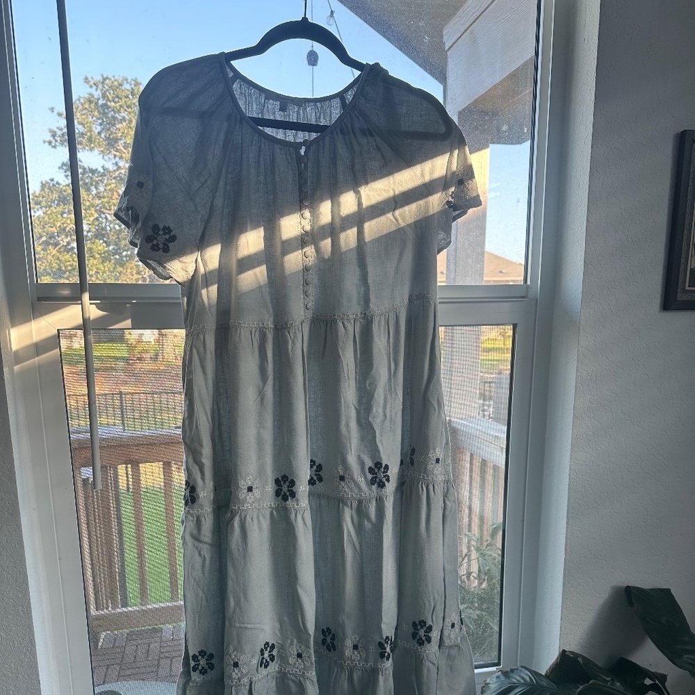 Embroidered Flutter-Sleeve Tiered Midi Dress
